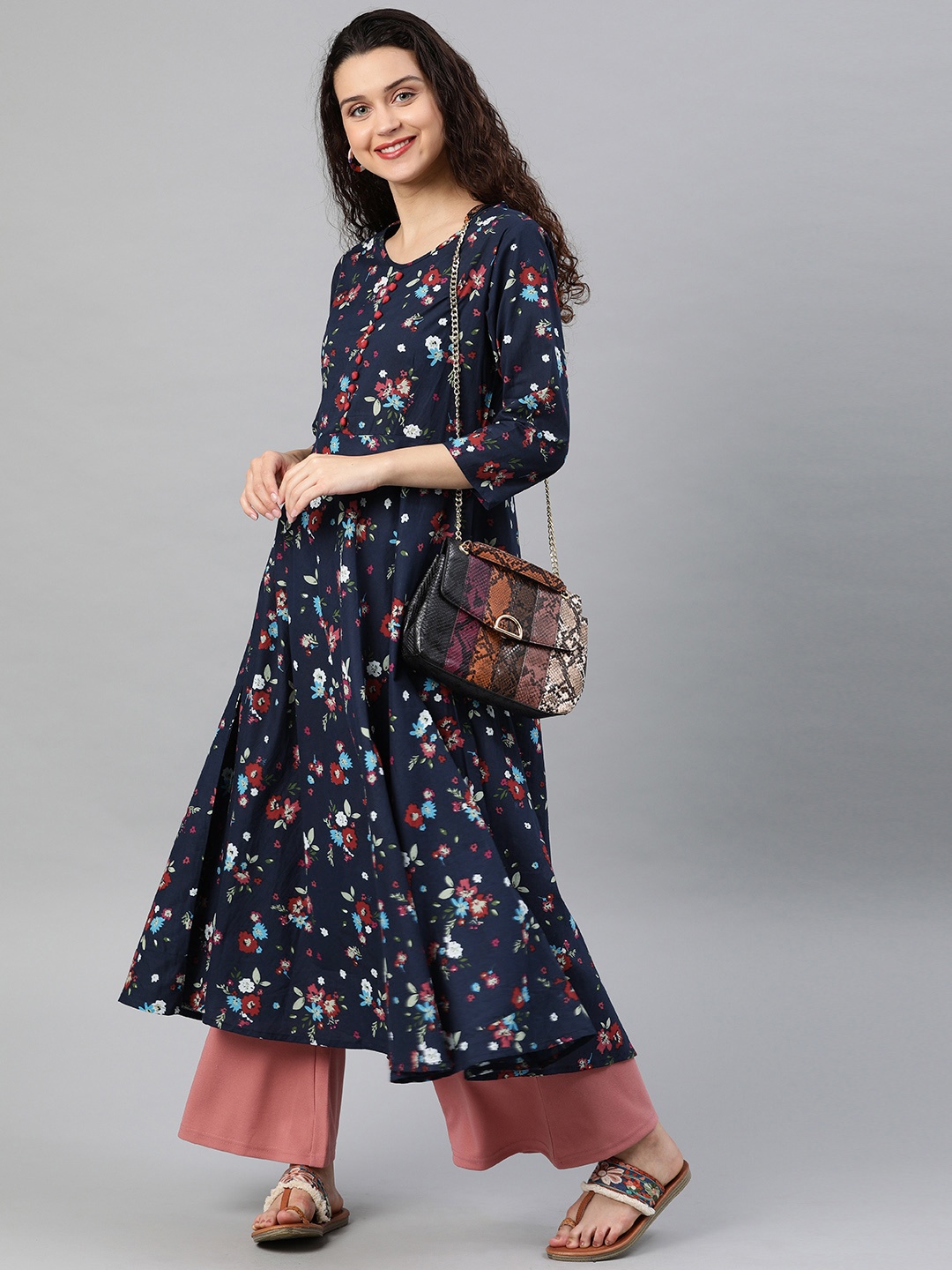 

YASH GALLERY Women Navy Blue & Red Floral Print A-Line Kurta