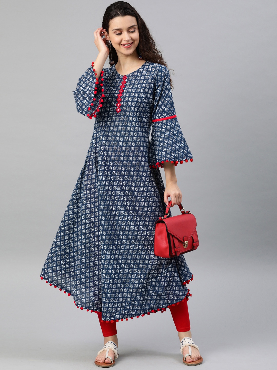 YASH GALLERY Women Blue & White Printed A-Line Kurta