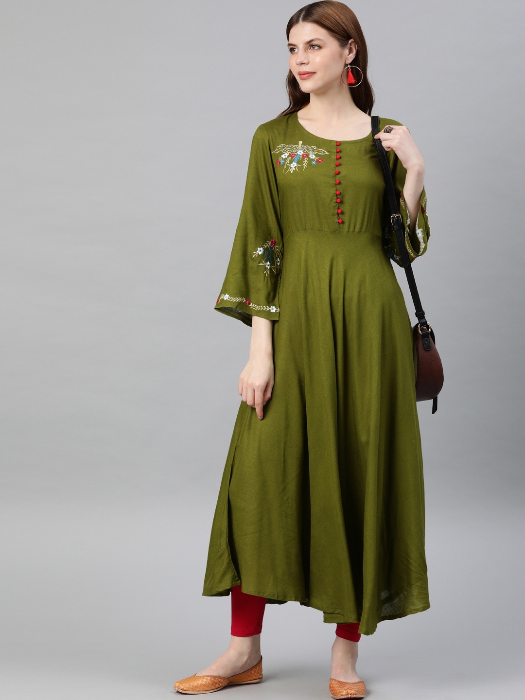 

YASH GALLERY Women Olive Green Embroidered Asymmetric A-Line Kurta