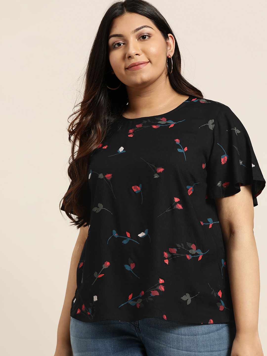 

Sztori Plus Size Women Black Pink Printed Top