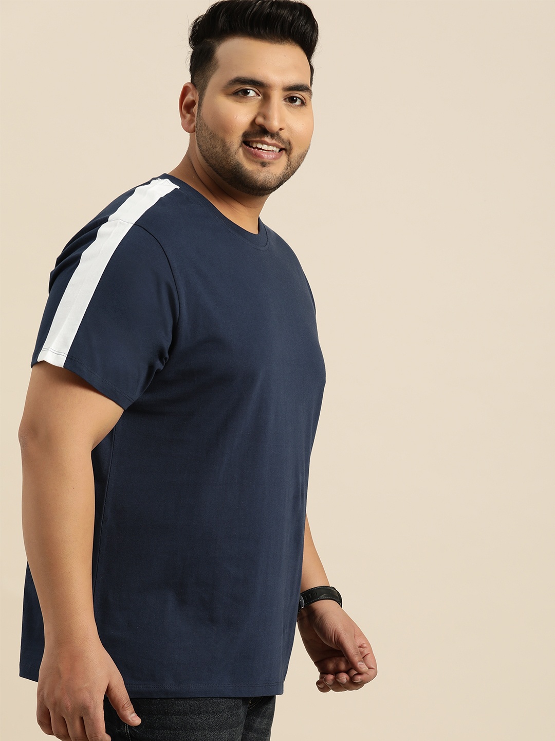 

Sztori Plus Size Men Navy Blue Solid Round Neck Pure Cotton T-shirt