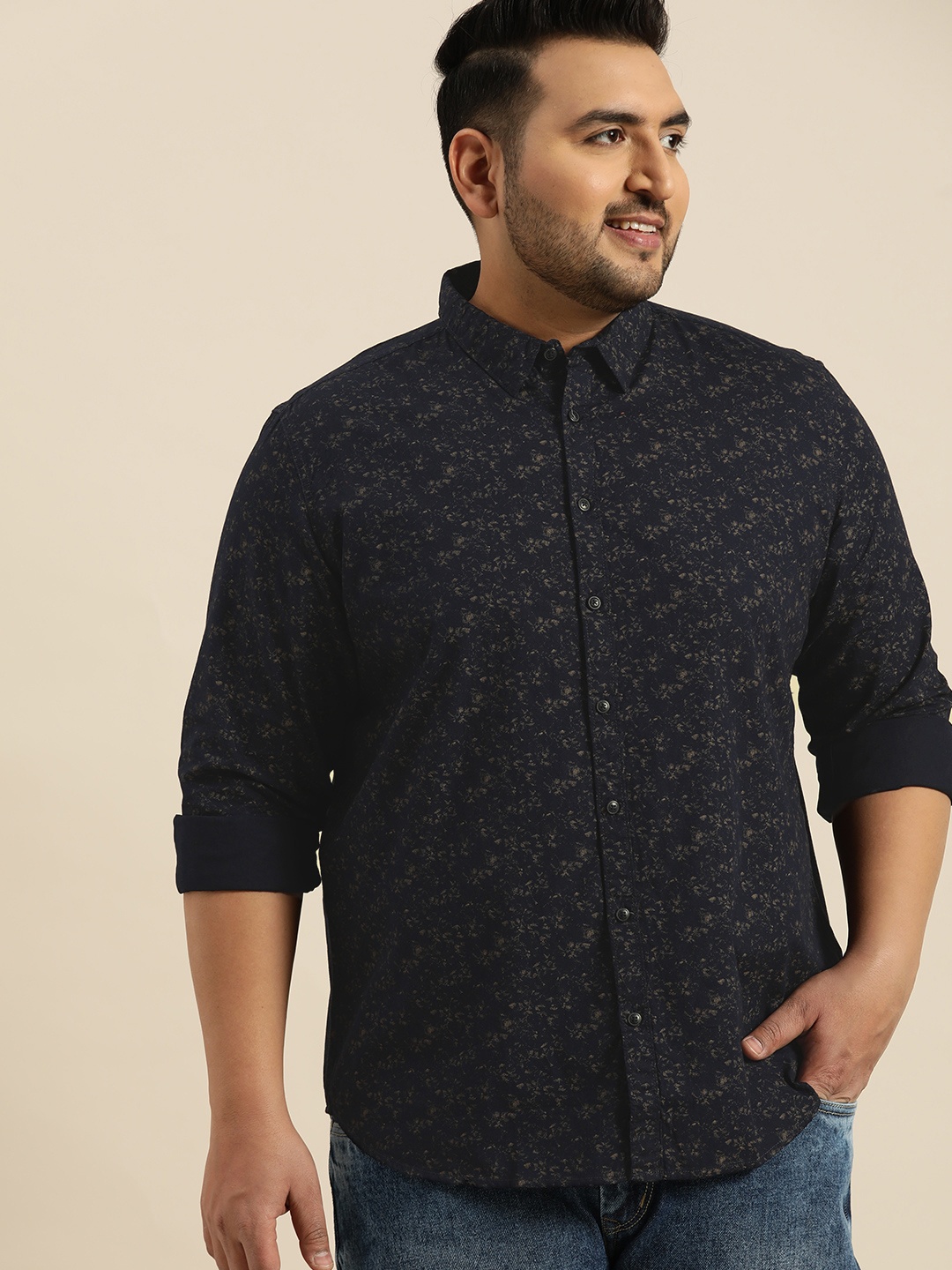 

Sztori Plus Size Men Navy Blue Beige Regular Fit Printed Casual Shirt