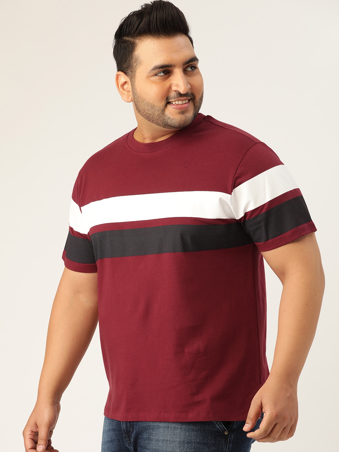 

Sztori Plus Size Men Maroon Charcoal Grey Striped Round Neck T-shirt