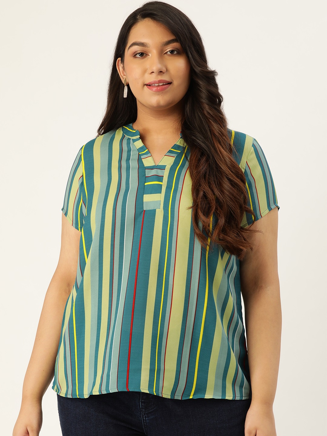 

Sztori Plus Size Women Teal Blue Green Striped High-Low Top