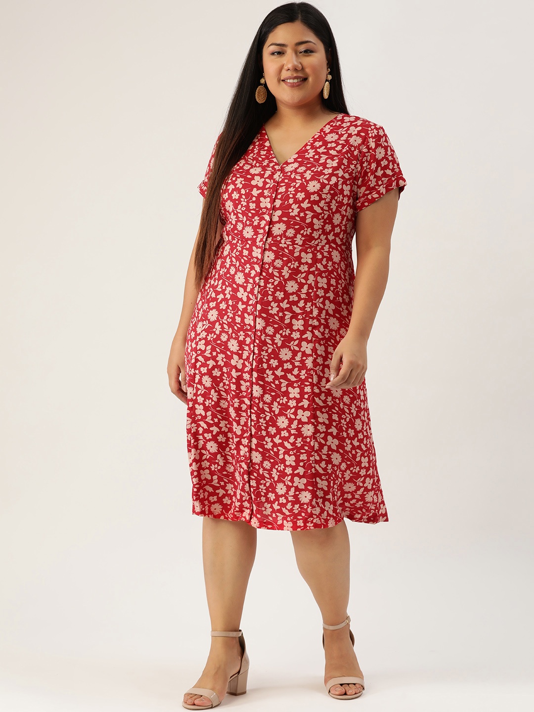 

Sztori Plus Size Red Off-White Floral Print A-Line Dress