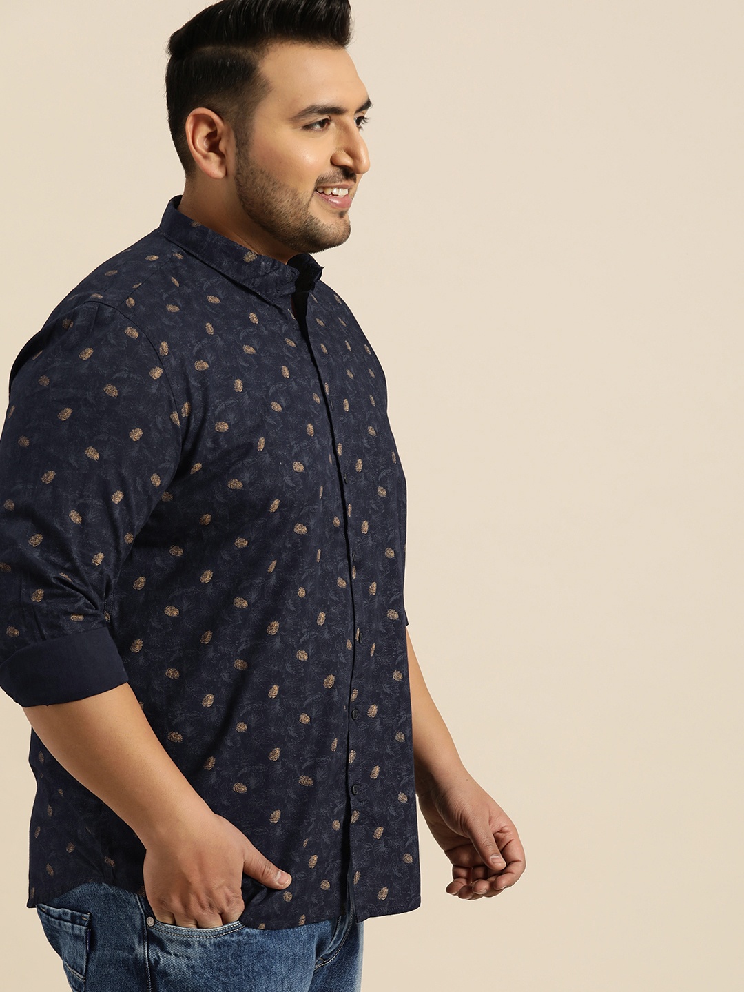 

Sztori Plus Size Men Navy Blue Brown Regular Fit Printed Casual Shirt