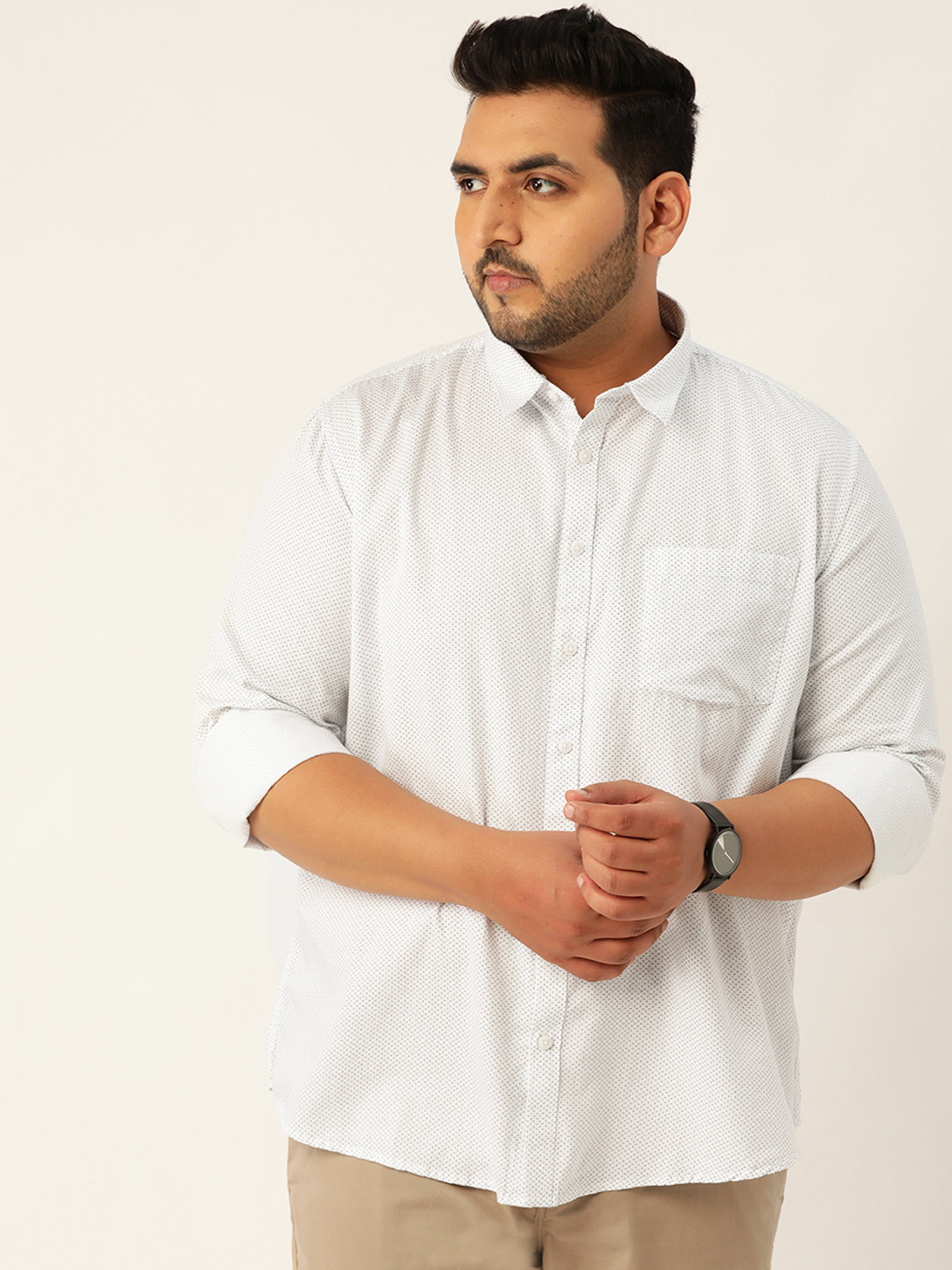 

Sztori Men White & Navy Blue Regular Fit Printed Plus Size Smart Casual Shirt