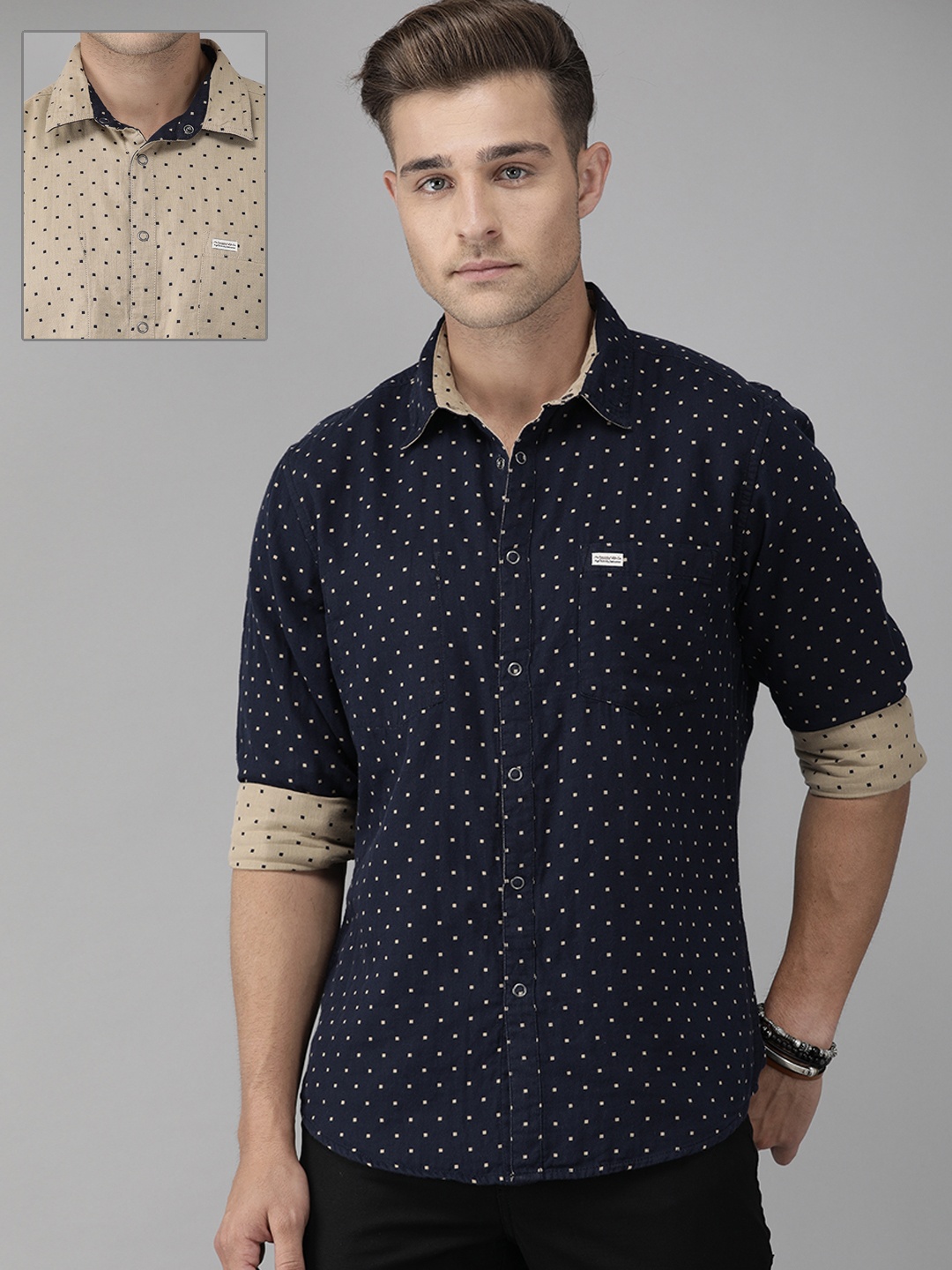 

The Roadster Lifestyle Co Men Navy Blue & Beige Regular Fit Printed Reversible Casual Shirt