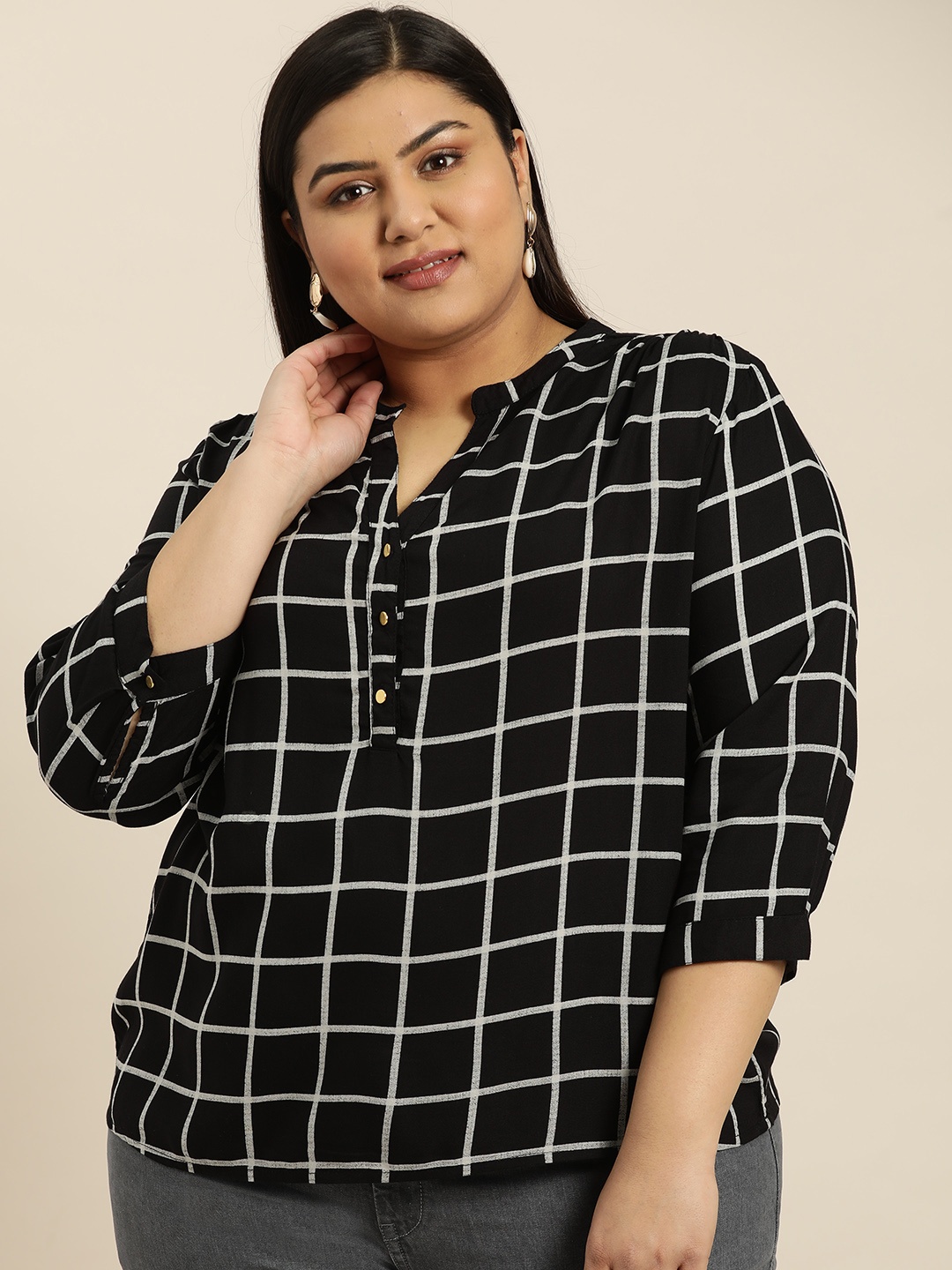 

Sztori Plus Size Women Black White Checked Shirt Style Top