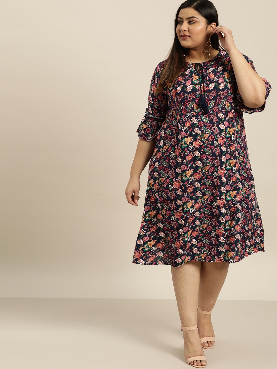 

Sztori Plus Size Women Navy Blue Pink Floral Printed A-Line Dress