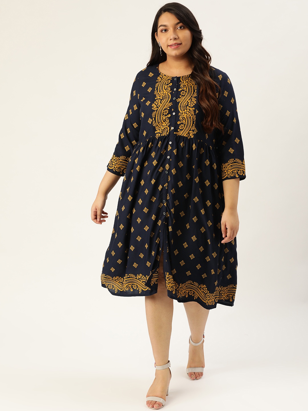 

Sztori Plus Size Women Navy Blue Mustard Yellow Printed A-Line Dress