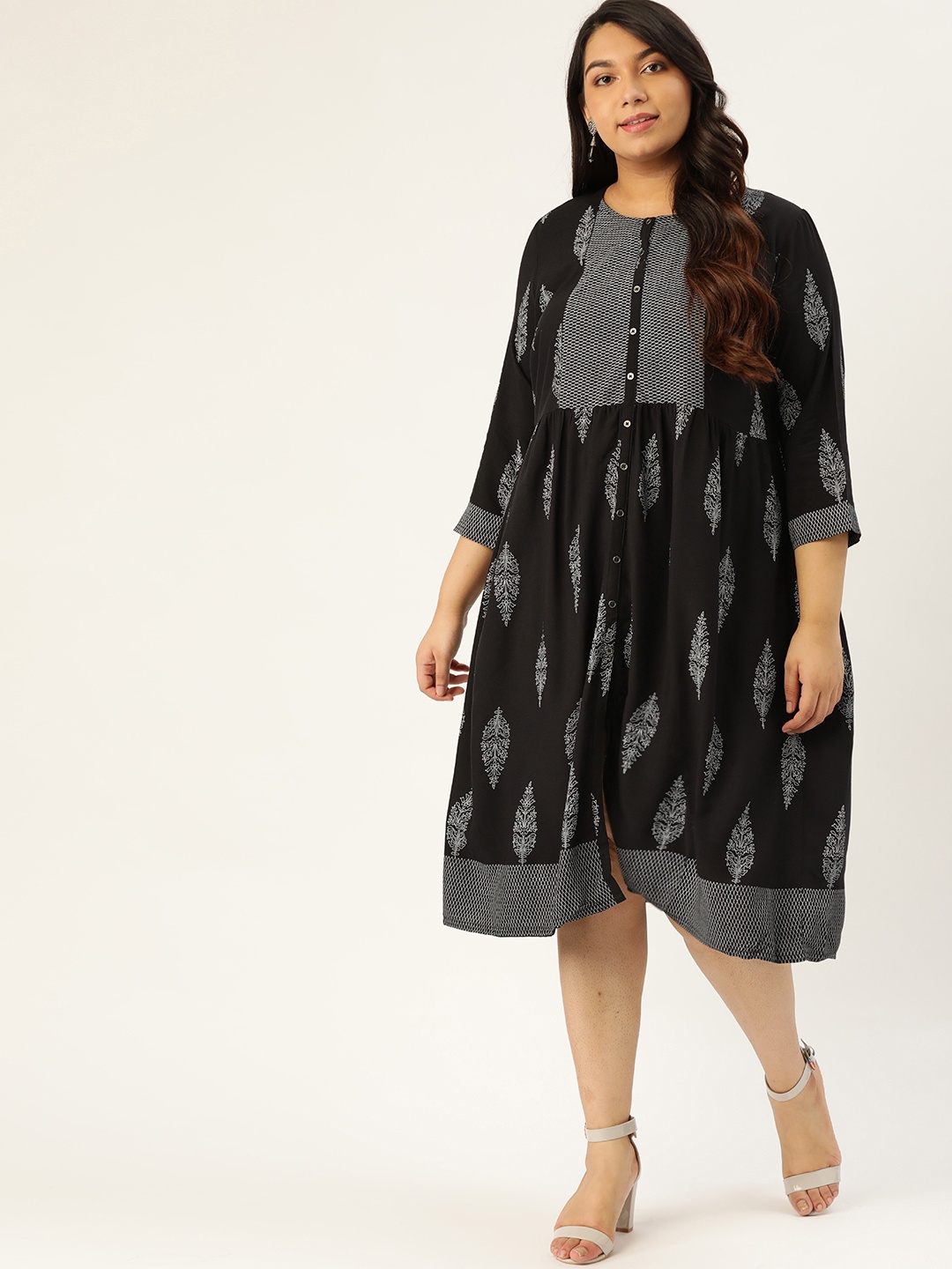 

Sztori Plus Size Women Black White Printed A-Line Dress