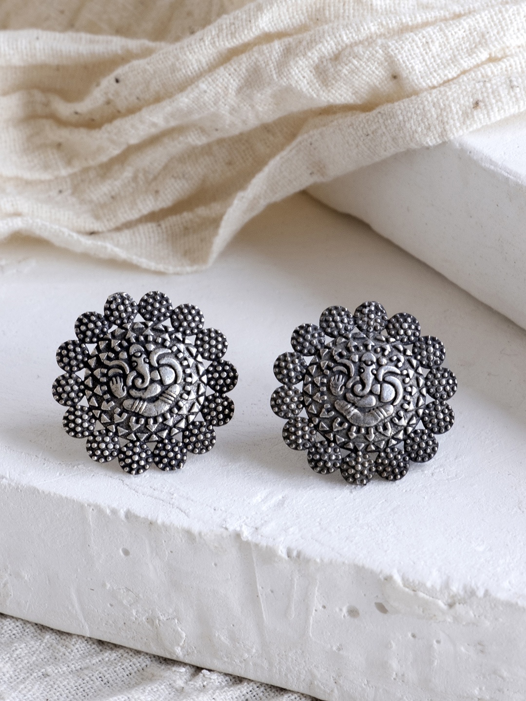 

Infuzze Oxidised Silver-Toned Brass-Plated Lord Ganesha Textured Circular Oversized Studs
