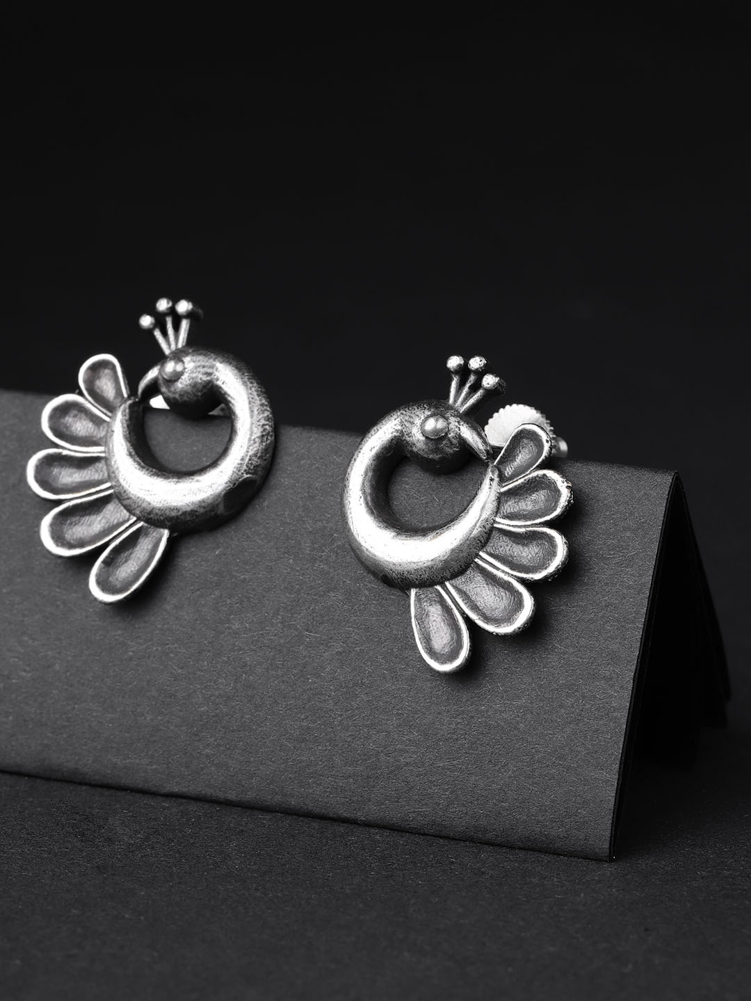 

Infuzze Oxidised Silver-Toned Brass-Plated Peacock Shaped Studs