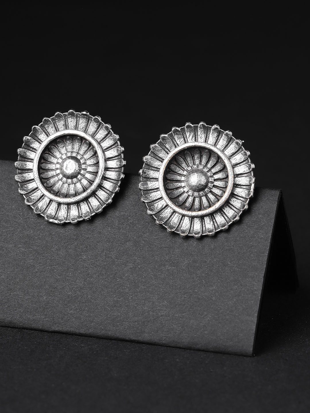 

Infuzze Oxidised Silver-Toned Brass Plated Textured Circular Studs