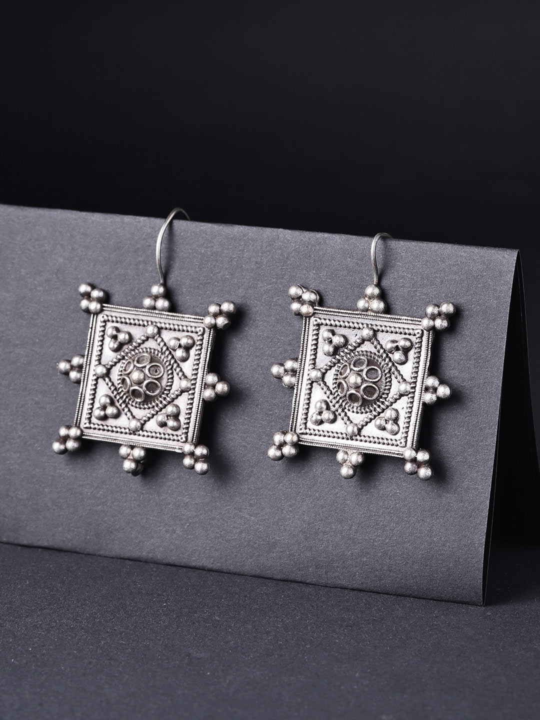 

Infuzze Oxidised Silver-Toned Brass-Plated Square Drop Earrings