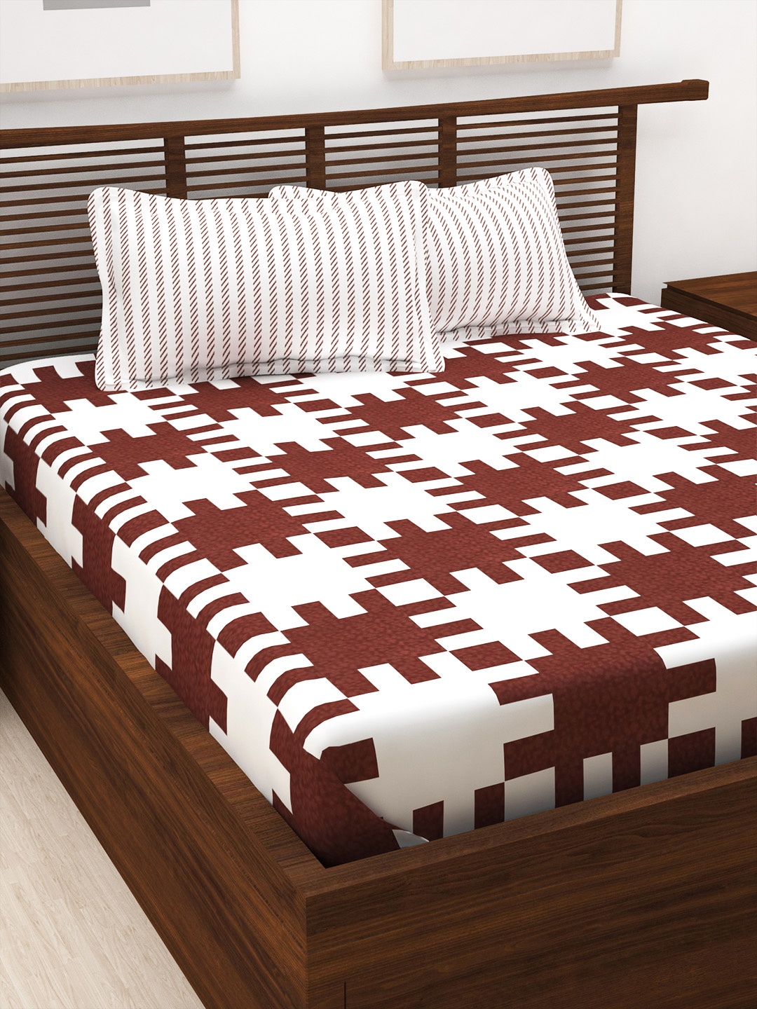 

Story@home Unisex Brown & White 144 TC Cotton 1 King Bedsheet with 2 Pillow Covers