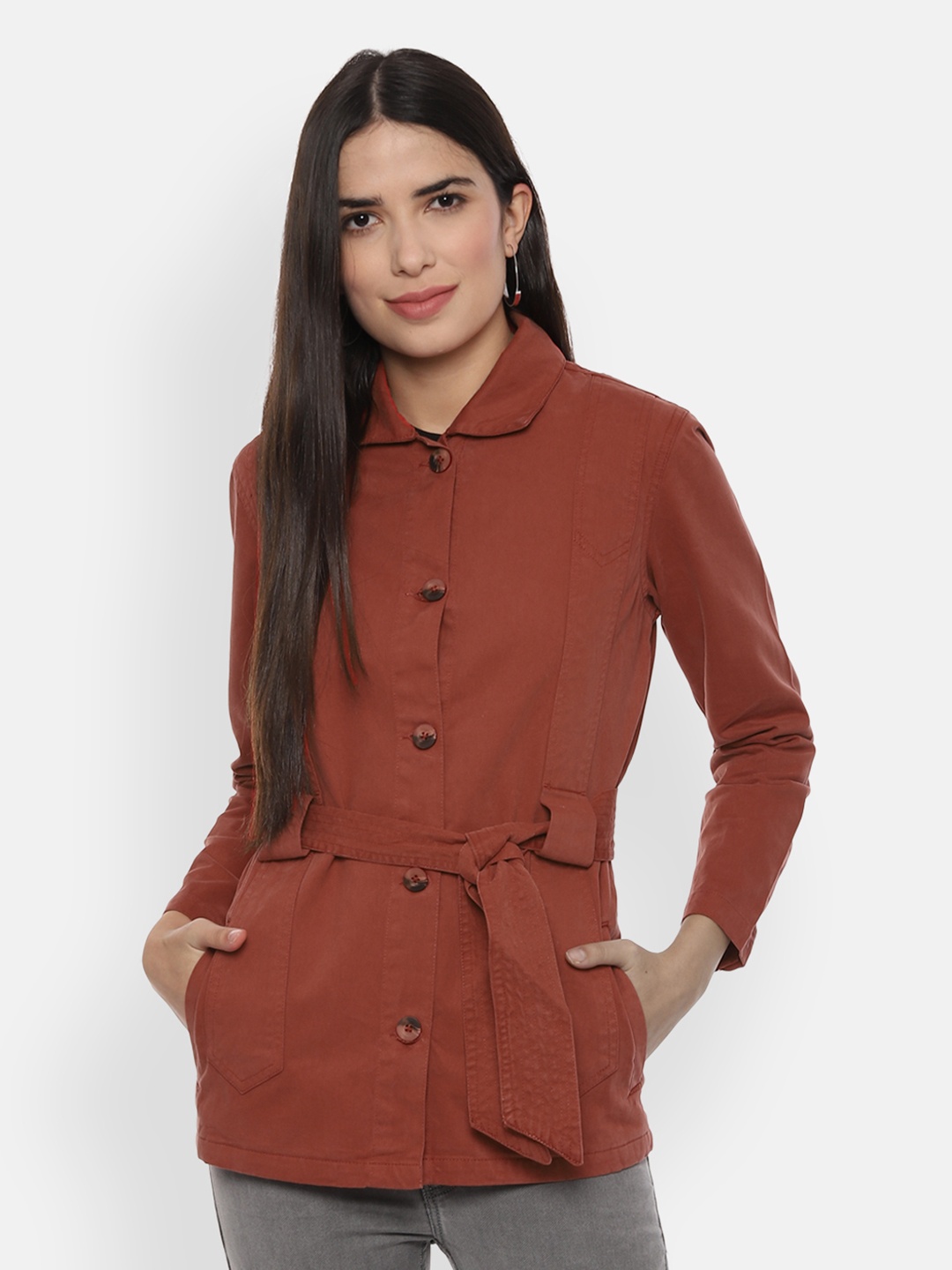 

People Women Rust Brown Red Solid Denim Jacket