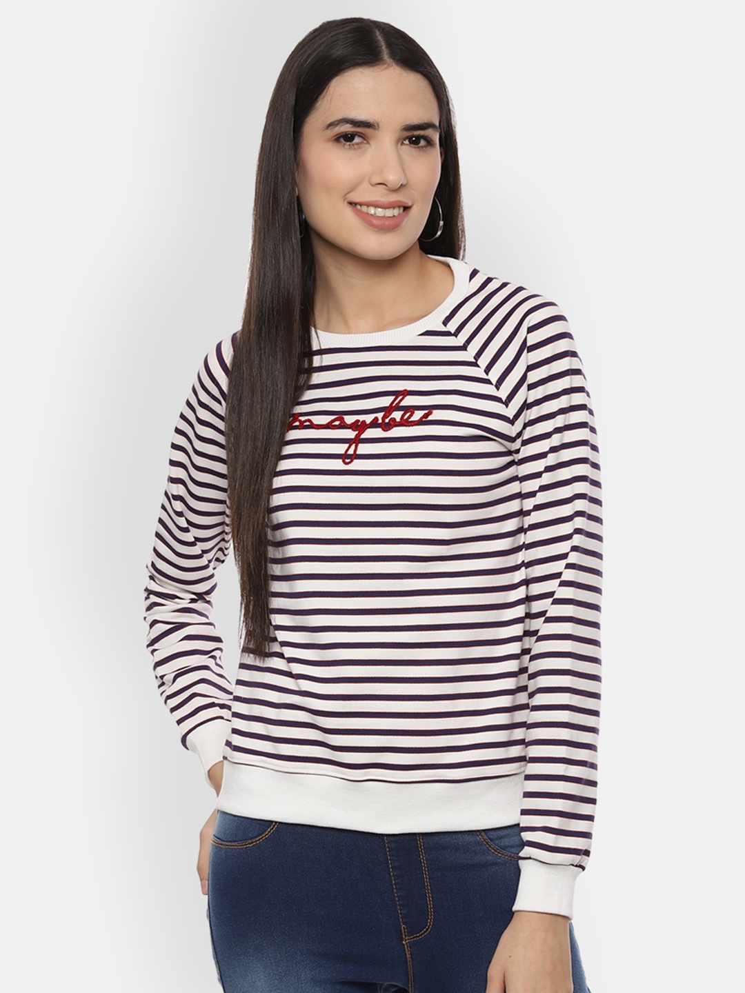 

People Women White & Blue Striped Sweatshirt