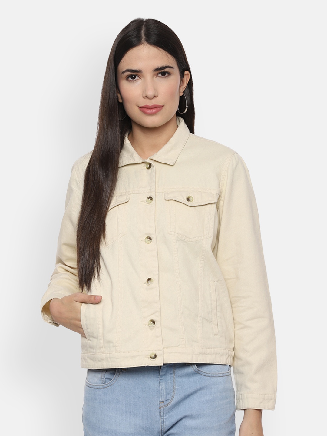 

People Women Cream-Coloured Solid Denim Jacket