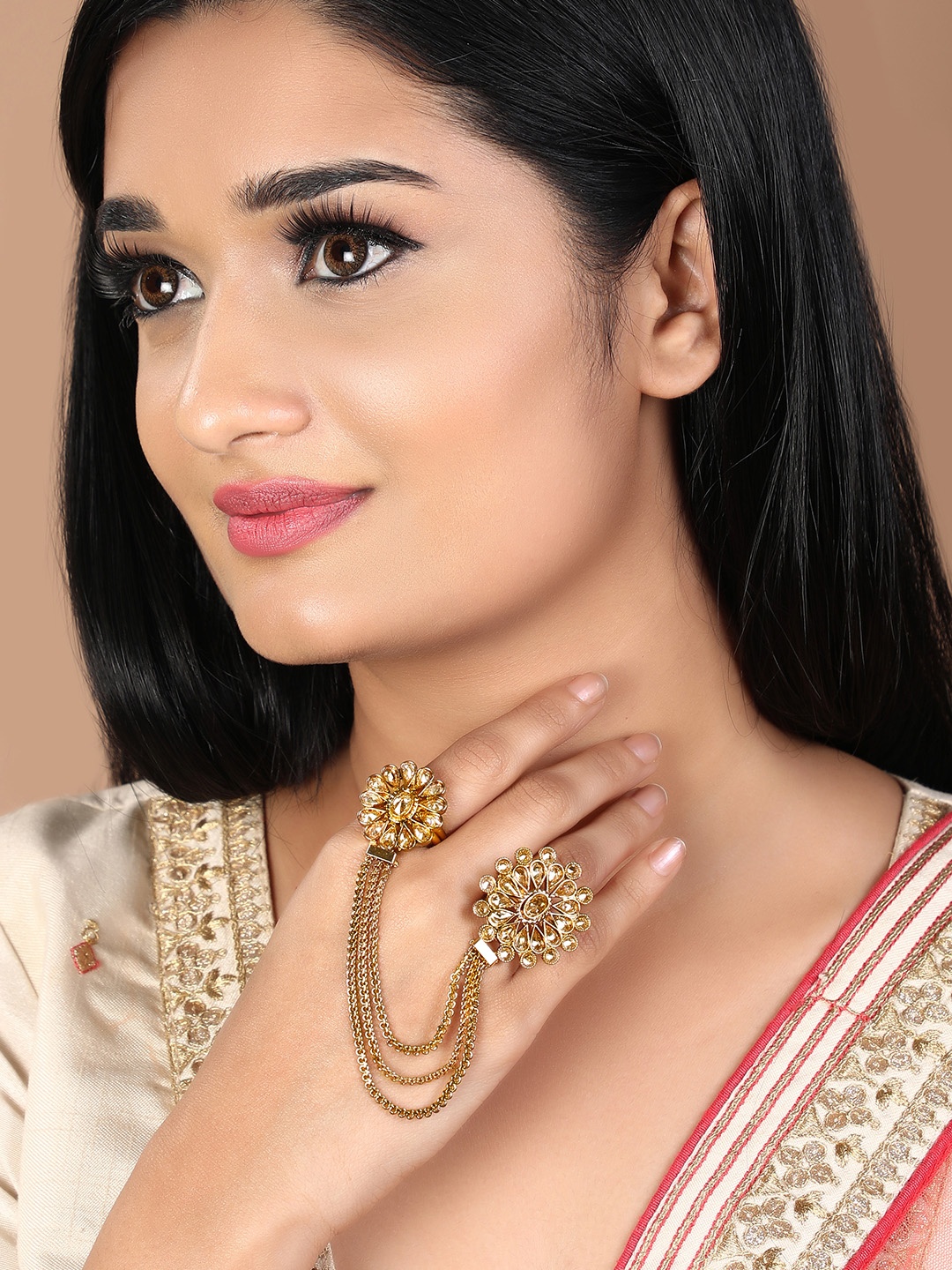 

Rubans Women Gold-Plated Handcrafted & Kundan Stone-Studded Dual Statement Ring