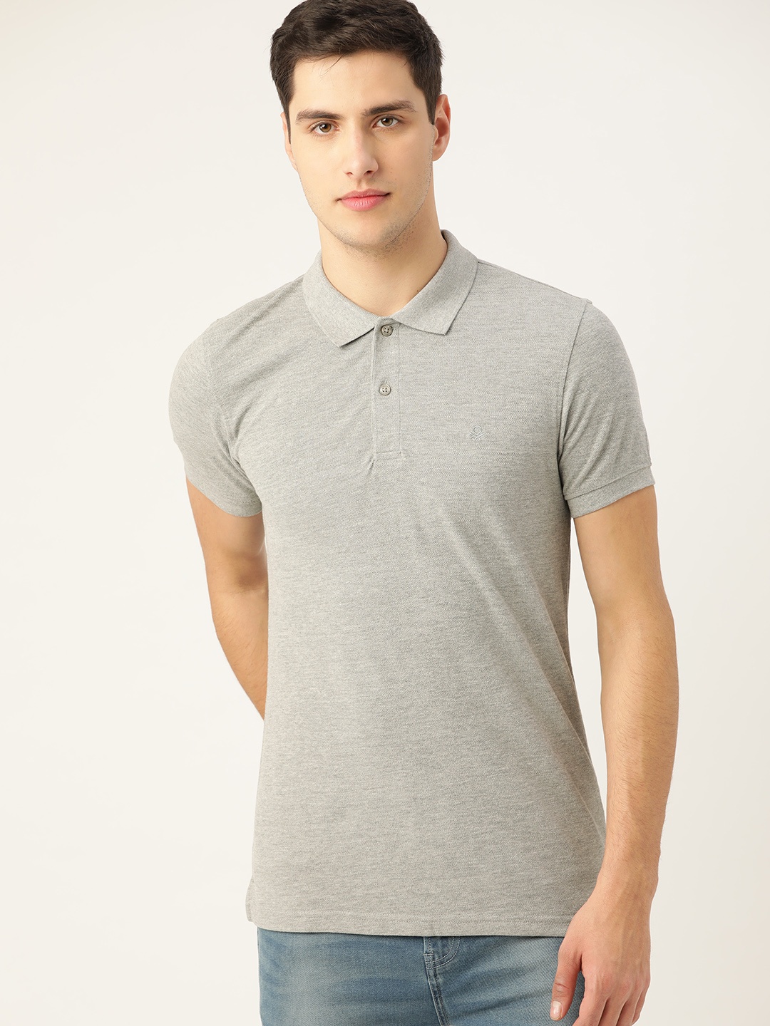 

United Colors of Benetton Men Grey Melange Solid Polo Collar T-shirt
