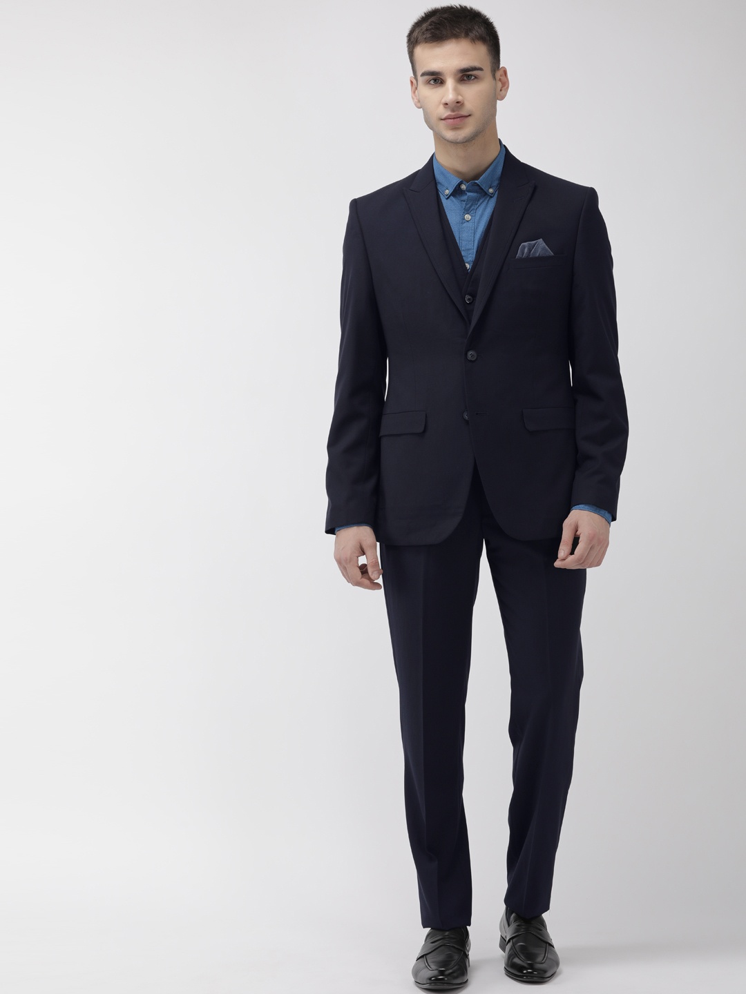 

Park Avenue Work Navy Blue Self Design Single-Breasted Slim Fit Formal Suit