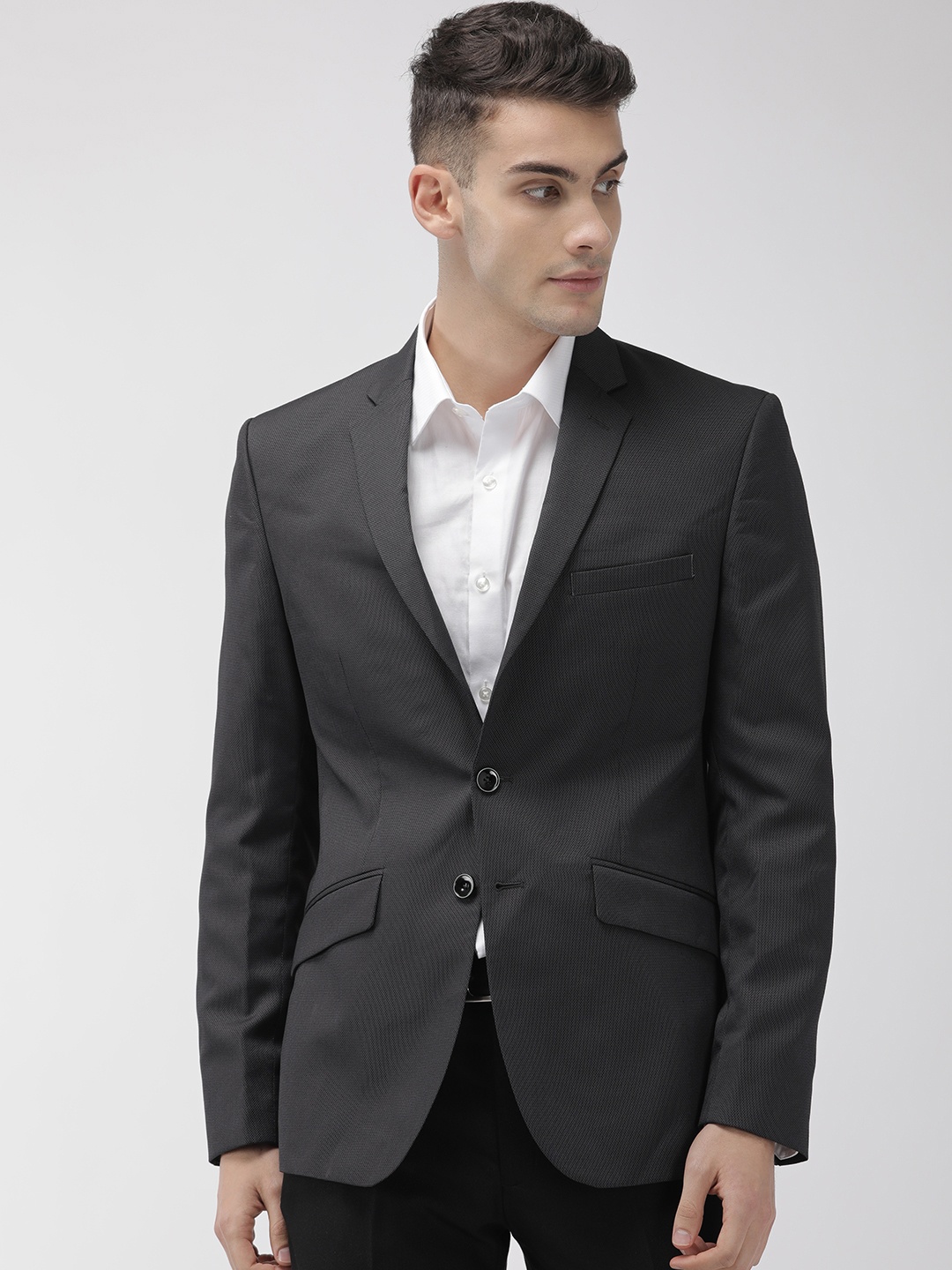 

Park Avenue Men Charcoal Grey Super Slim Fit Textured Single Breasted Formal Blazer