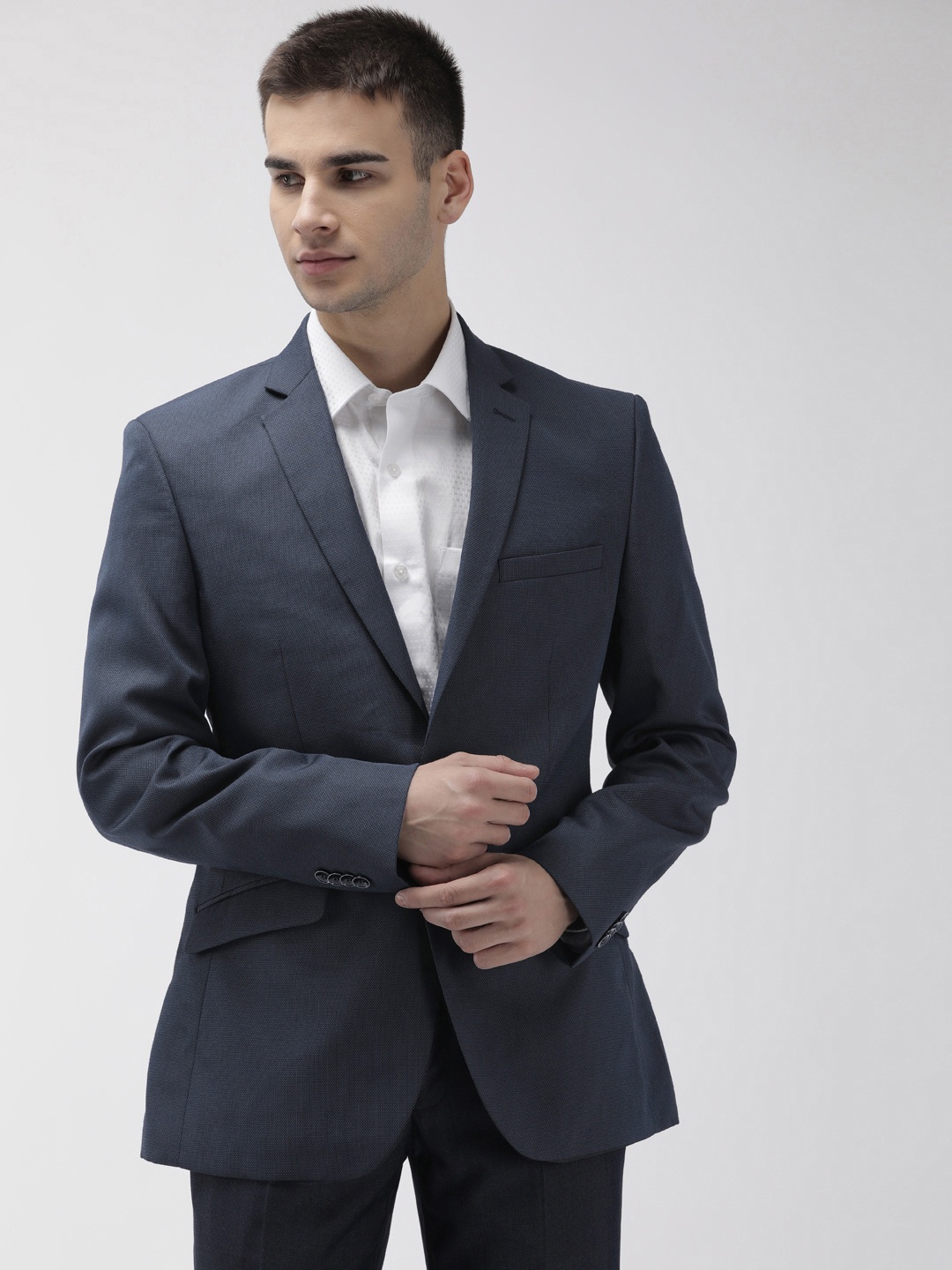

Park Avenue Men Blue Self Design Super Slim Fit Single-Breasted Formal Blazer