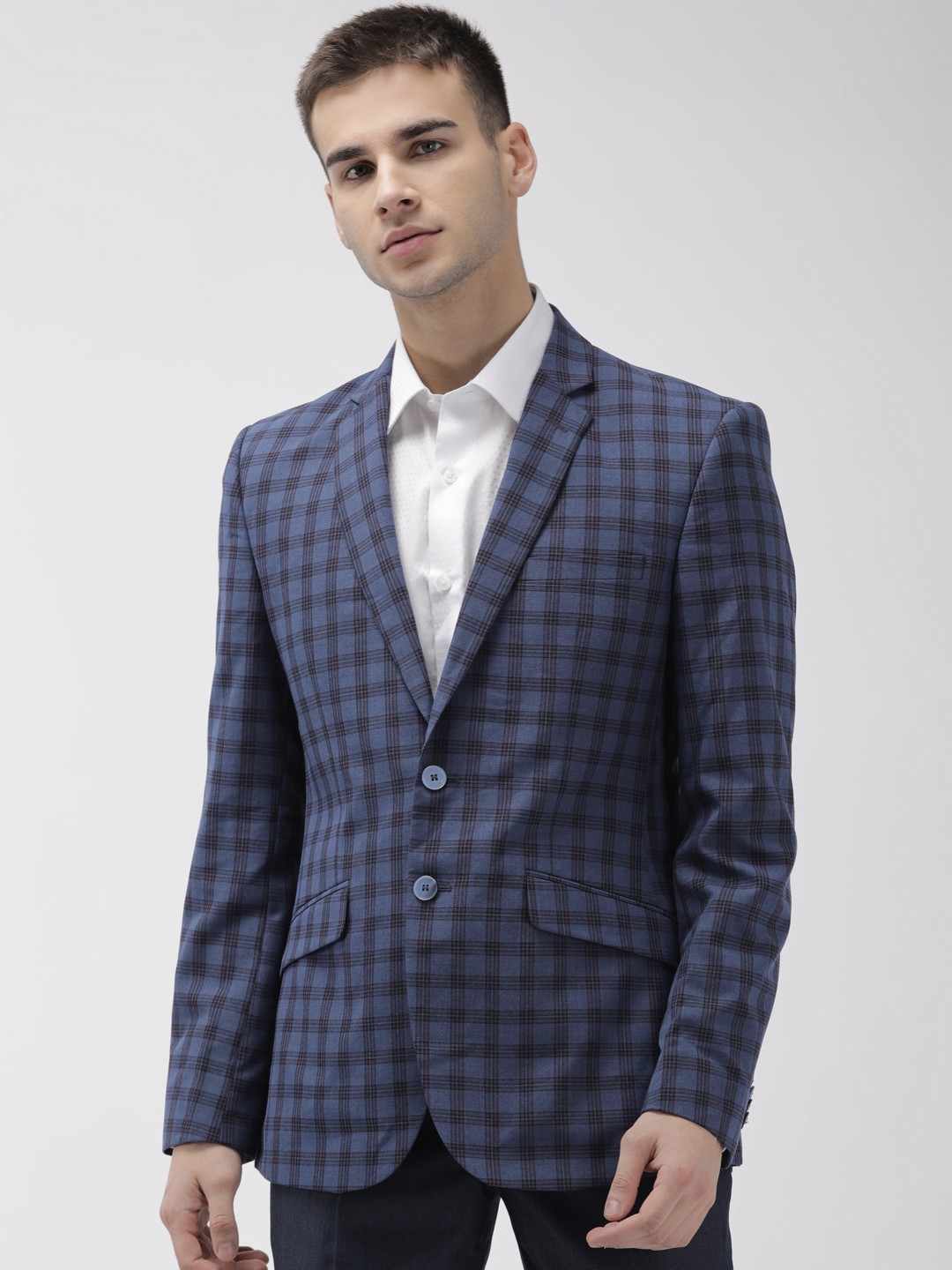 

Park Avenue Men Navy Blue & Black Checked Super Slim Fit Single-Breasted Formal Blazer