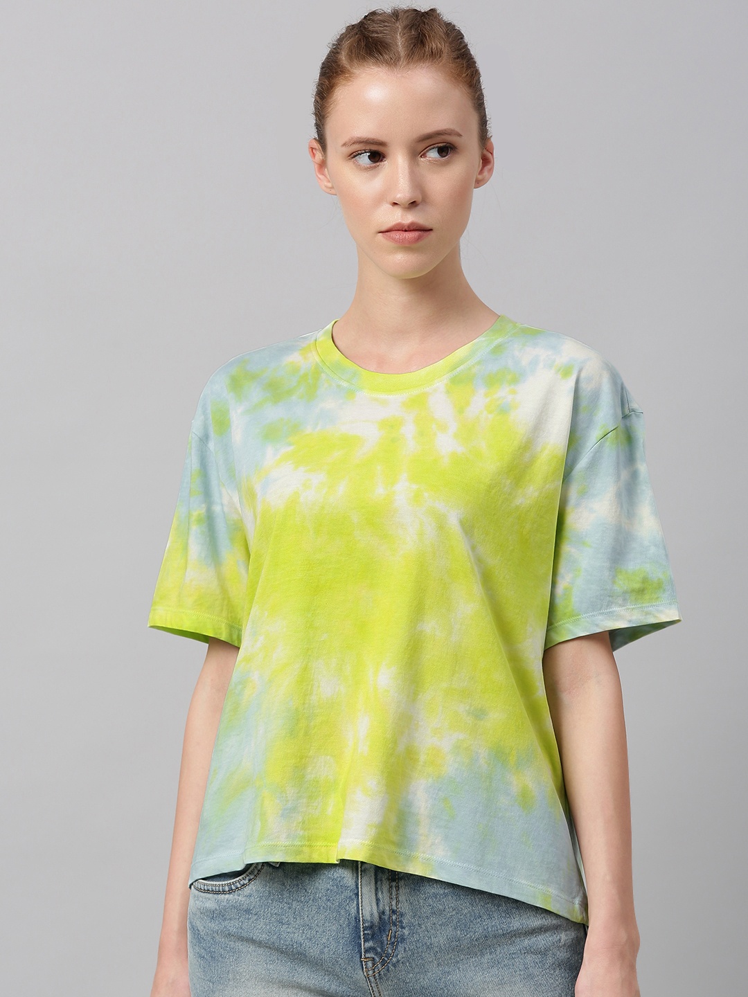 

HRX by Hrithik Roshan Women Blue Lime Green Tie Dye Lifestyle Pure Cotton T-shirt