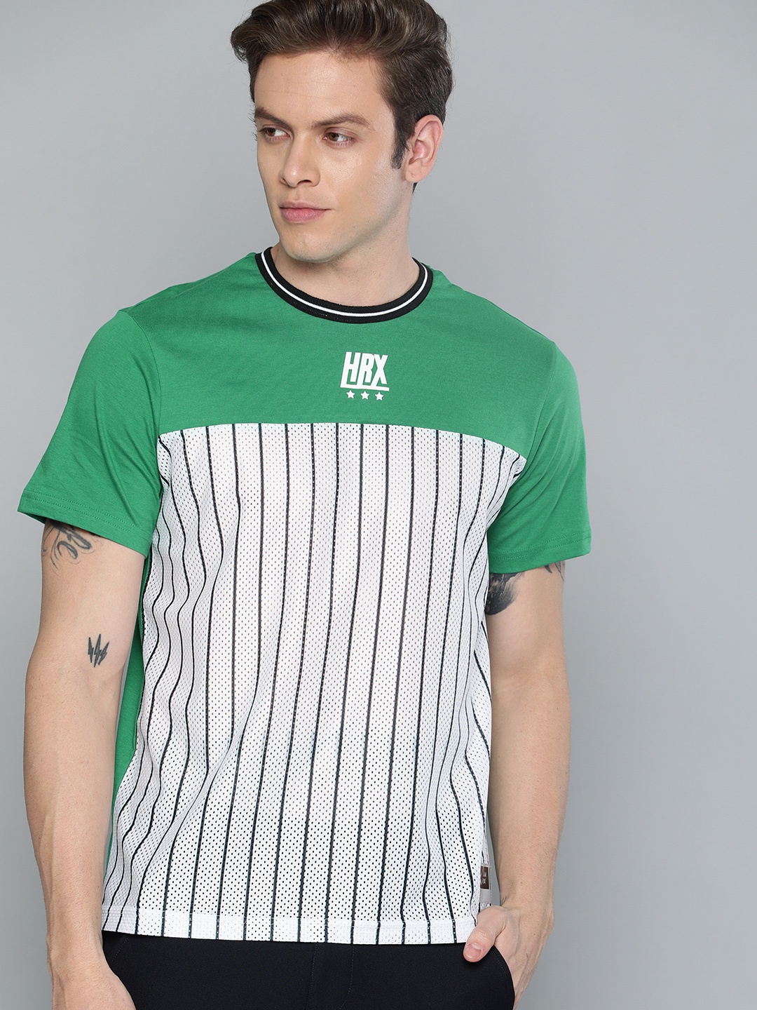 

HRX by Hrithik Roshan Men Green White Lifestyle Striped Round Neck Pure Cotton T-shirt