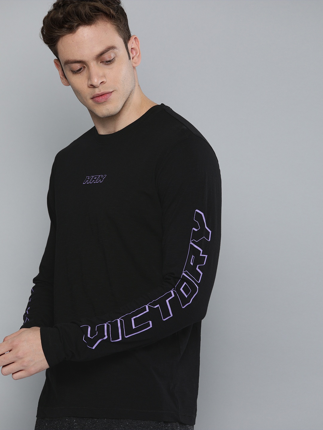 

HRX by Hrithik Roshan Men Black Solid Bio-Wash Typography Lifestyle Tshirt