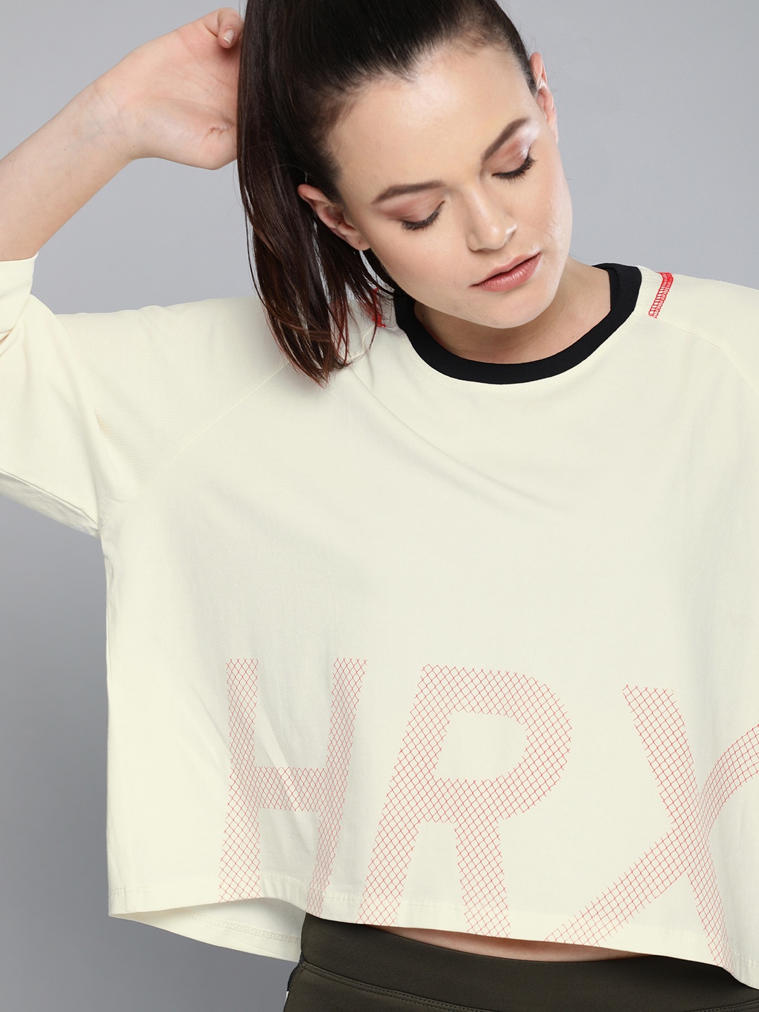 

HRX by Hrithik Roshan Women Cream-Coloured Printed Round Neck Pure Cotton T-shirt