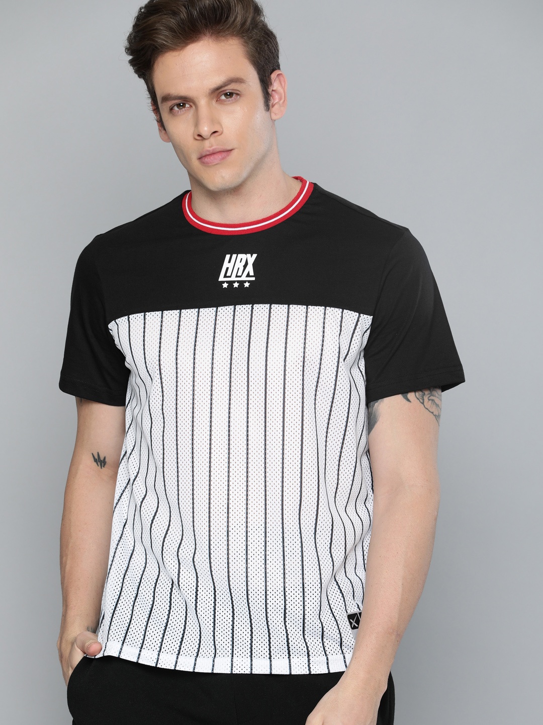 

HRX by Hrithik Roshan Men Black White Lifestyle Striped Round Neck Pure Cotton T-shirt