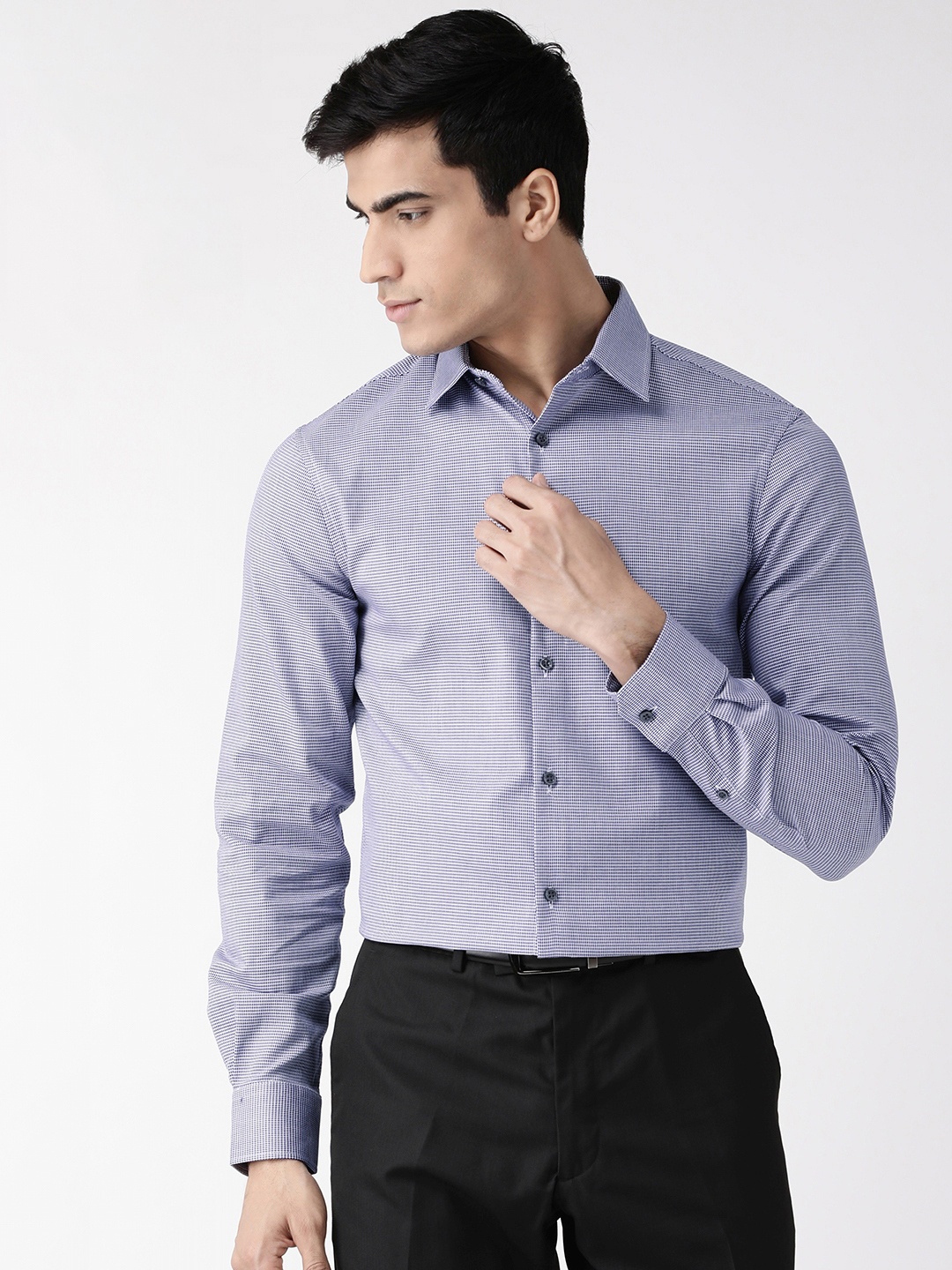 

Marks & Spencer Men Navy Blue & White Skinny Fit Self Design Formal Shirt