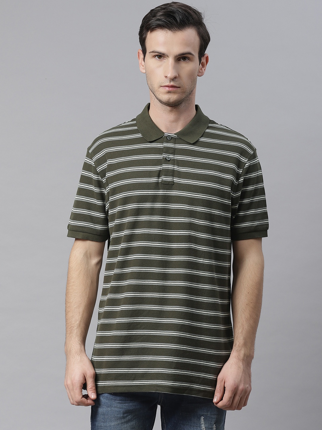 

Marks Spencer Men Olive Green Grey Striped Polo Collar Pure Cotton T-shirt