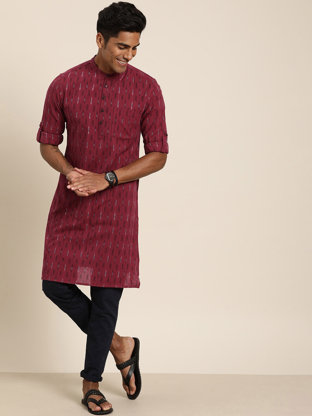 

Taavi Men Maroon & Black Ikat Woven Design Straight Kurta with Roll-Up Sleeves