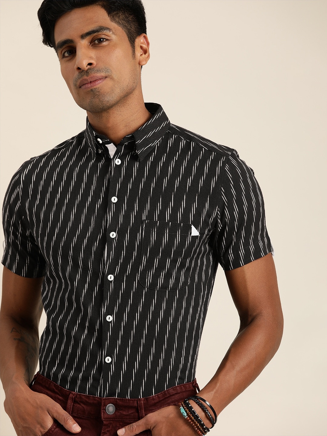 

Taavi Men Black Ikat Woven Design Regular Fit Casual Sustainable Shirt with Roll-Up Sleeves