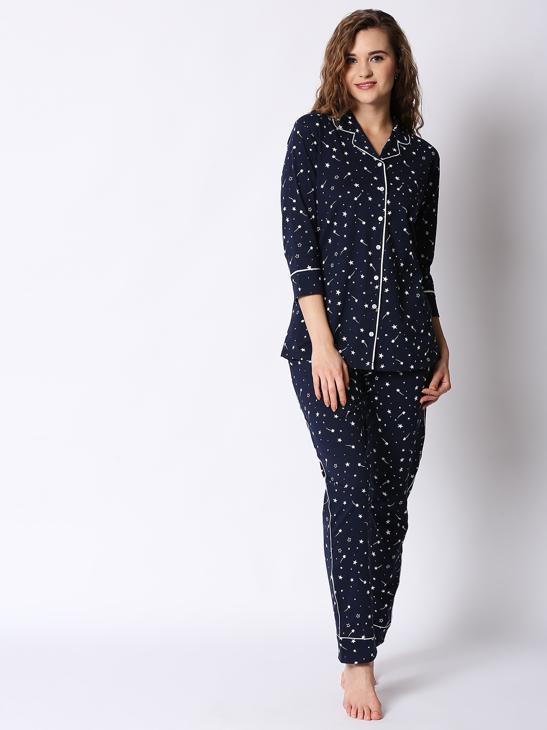 

I like me Women Navy Blue & White Printed Night suit