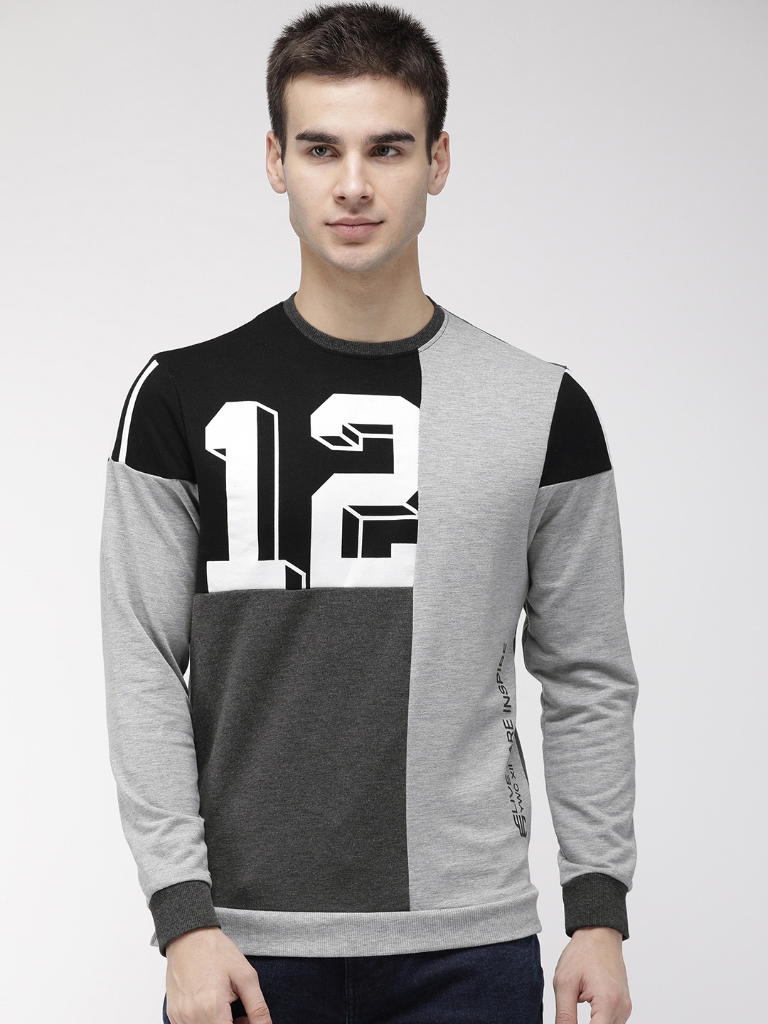 

YWC Men Grey & Black Colourblocked Sweatshirt