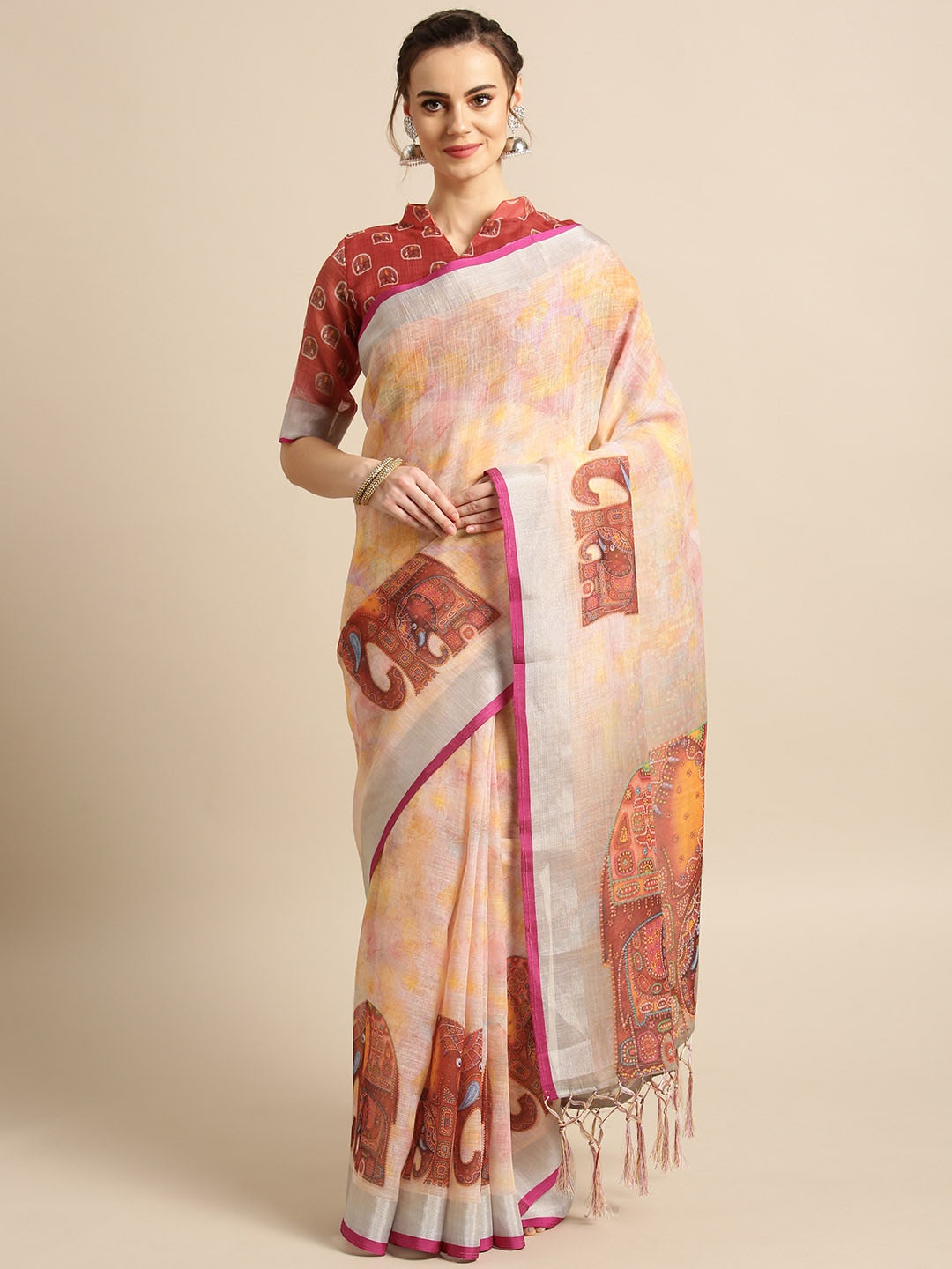 

Saree mall Cream-Coloured & Pink Printed Saree