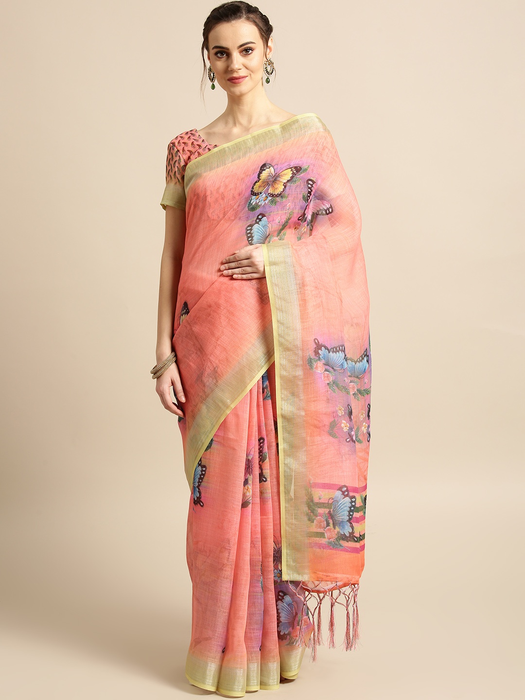 

Saree mall Peach-Coloured & Blue Printed Saree