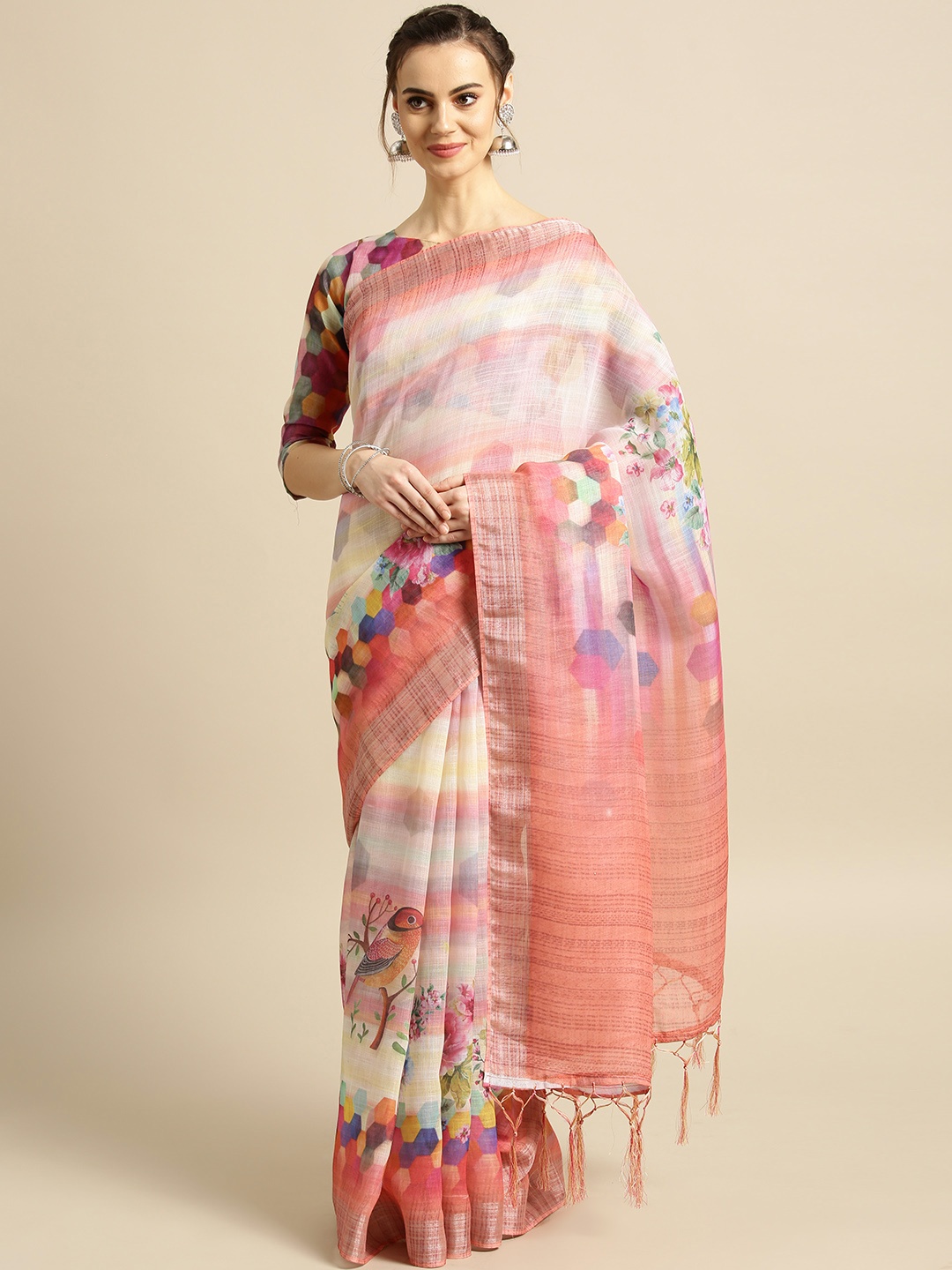 

Saree mall Pink & Off White Printed Saree