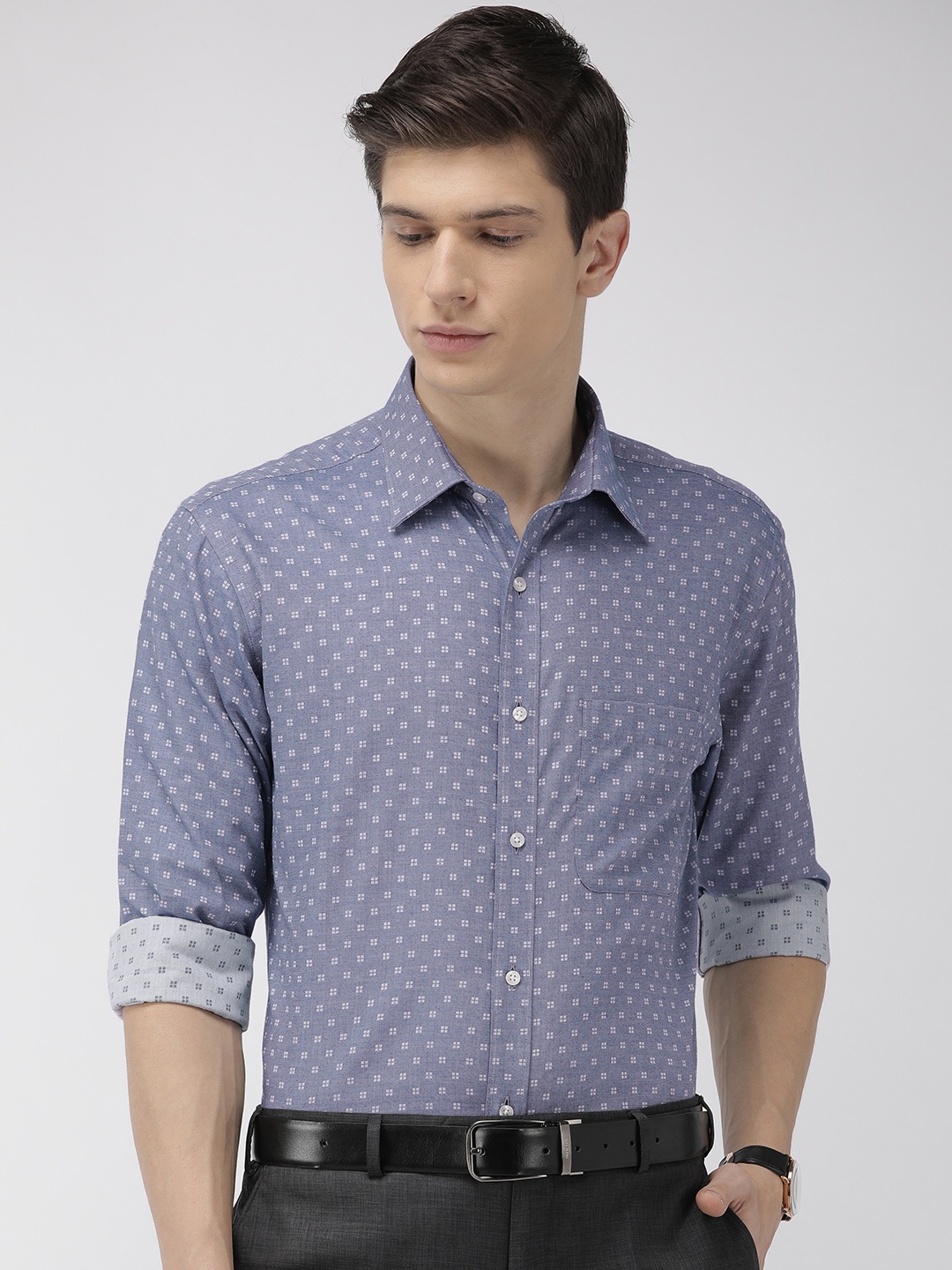 

Raymond Men Navy Blue & White Slim Fit Self Design Formal Shirt