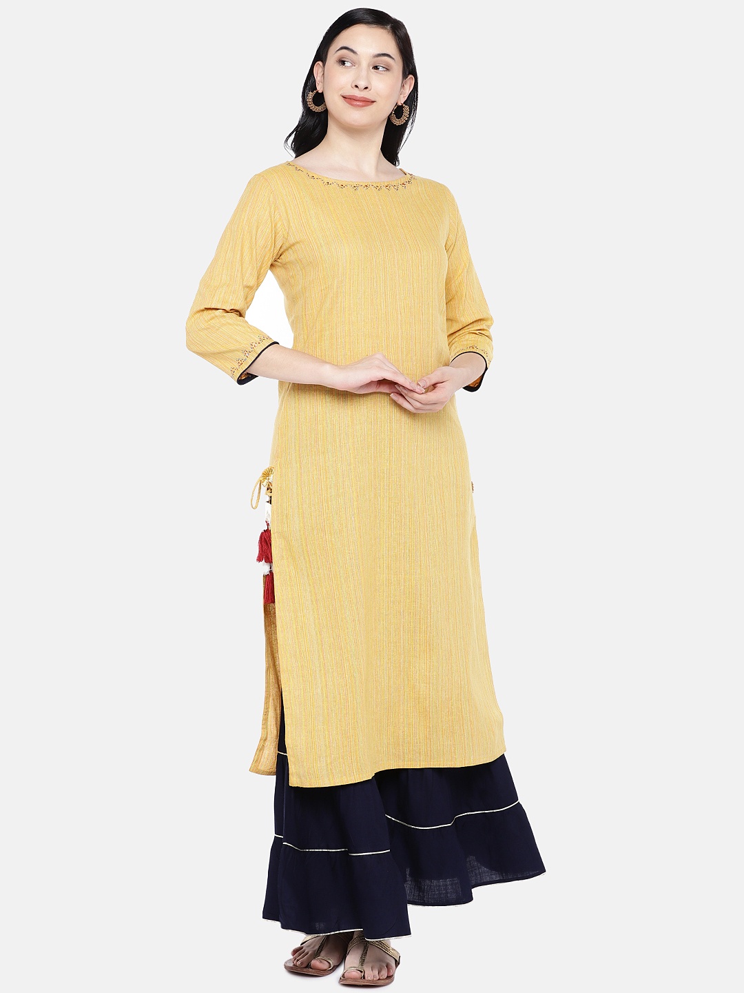 

Silai Bunai Women Yellow & Navy Blue Striped Kurta with Sharara