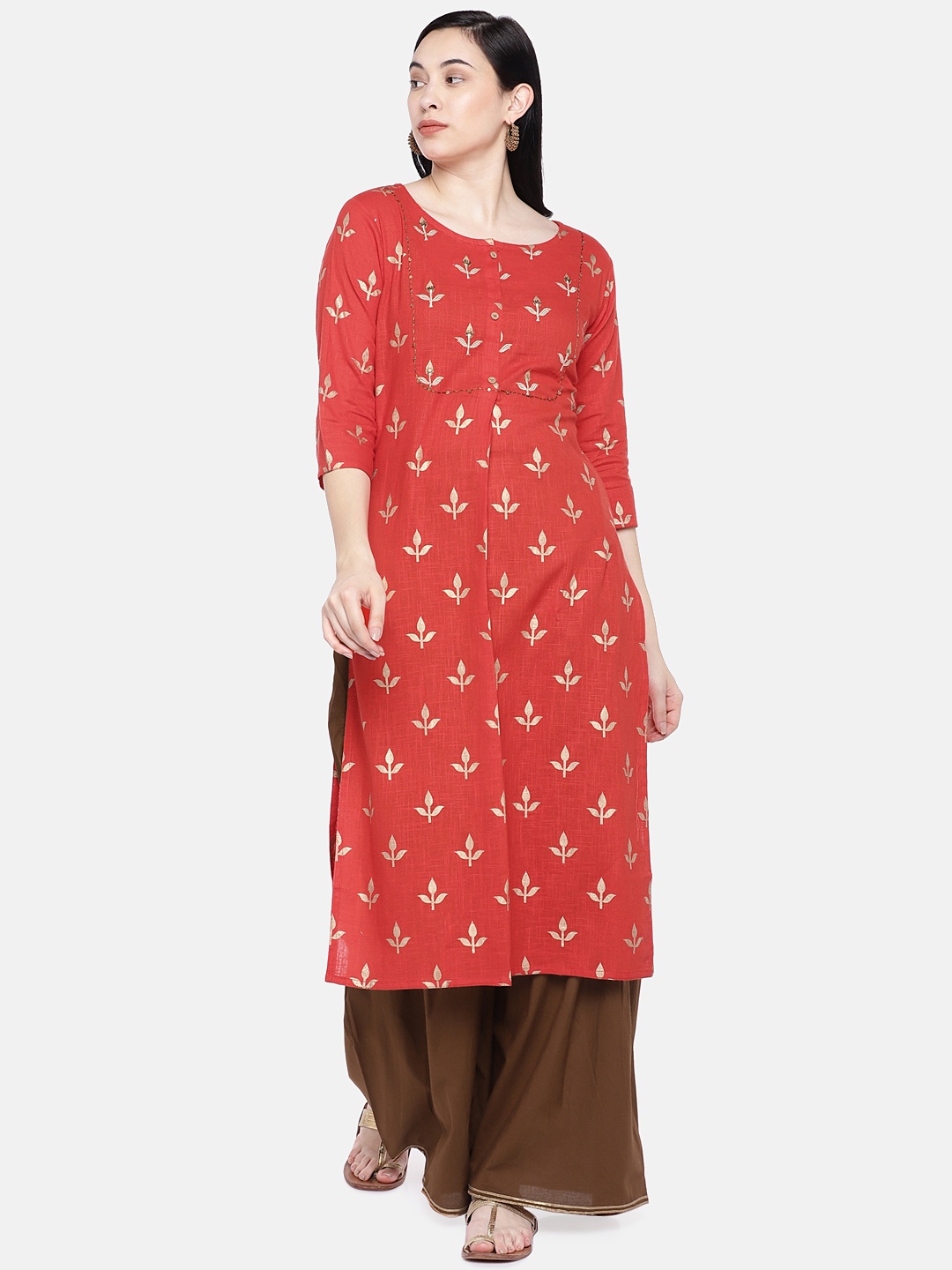 

Silai Bunai Women Orange & Brown Woven Design Kurta with Palazzos
