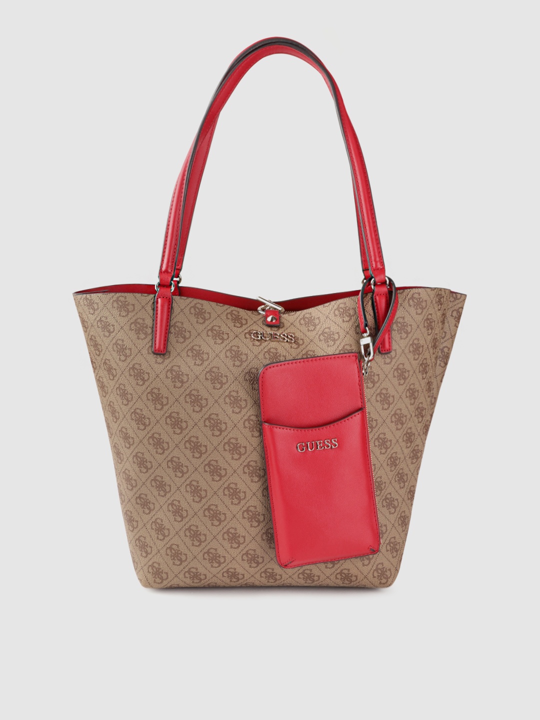 

GUESS Beige & Coffee Brown & Beige Brand Logo Printed Shoulder Bag with Detachable Pouch