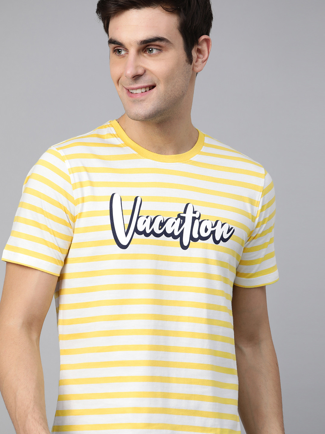 

Mast & Harbour Men White & Yellow Striped Round Neck T-shirt