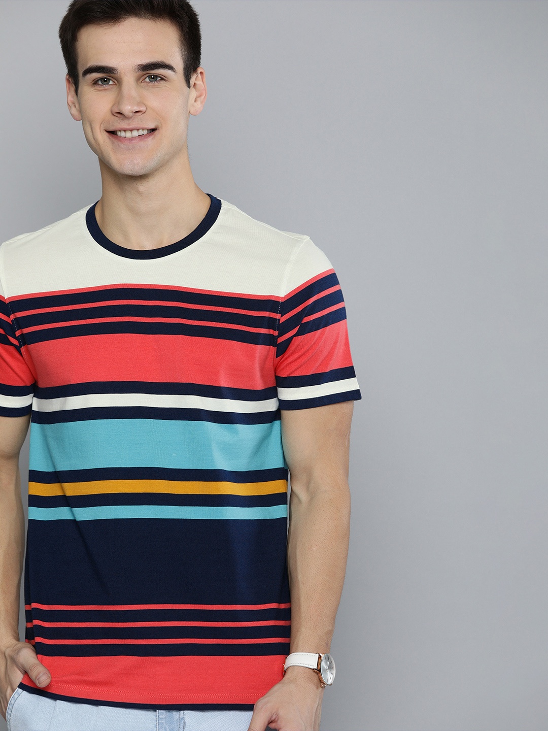 

Mast Harbour Men Navy Blue Pink Striped Round Neck Pure Cotton T-shirt